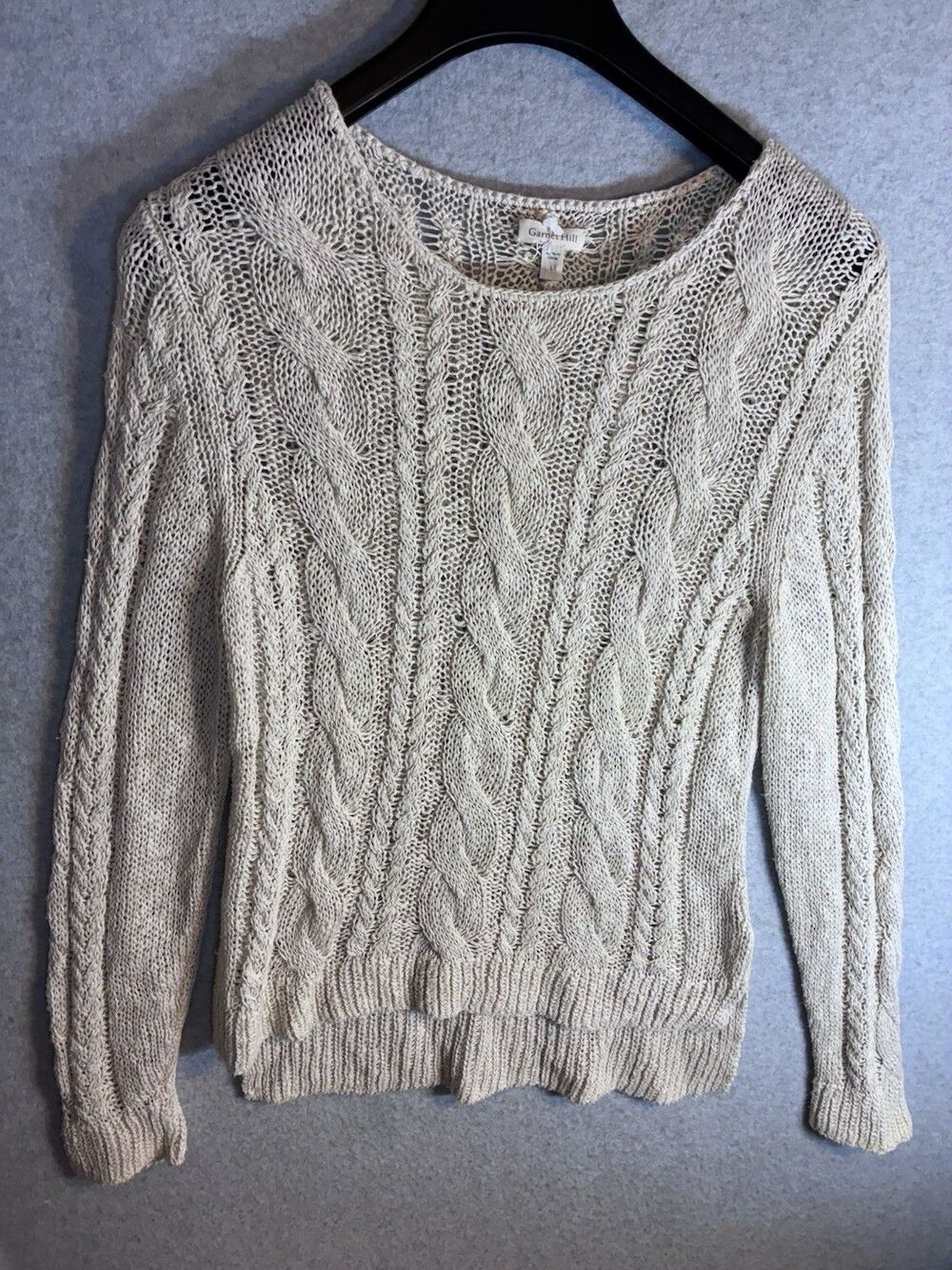 Garnet Hill Sz L Sweater Open Cable Knit Boho Beachy Linen Cotton Pullover